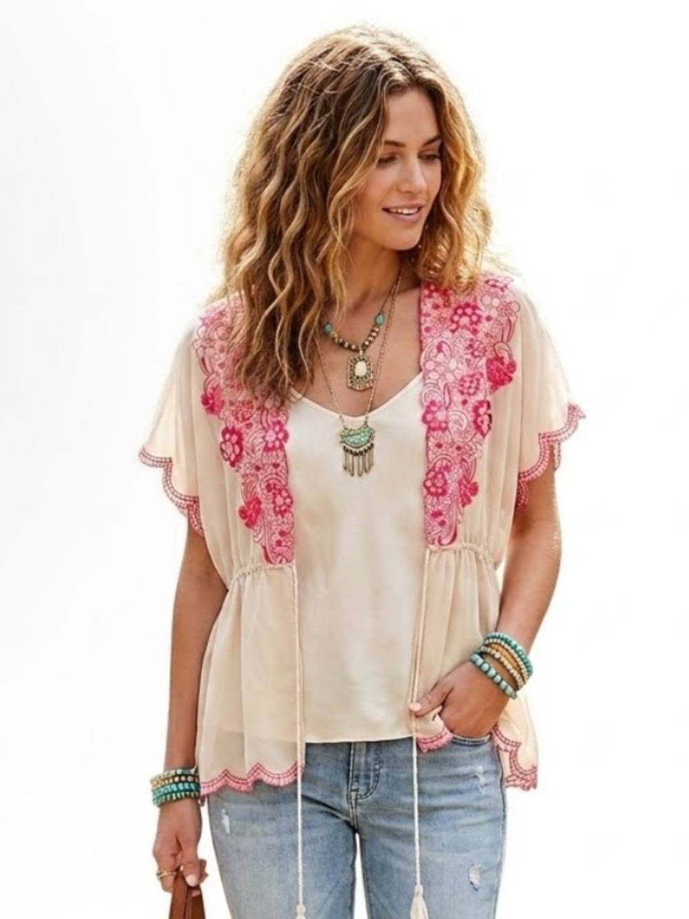 Flying Tomato Bohemian Embroidered Peasant Top Cardigan Sheer Coquette Festival